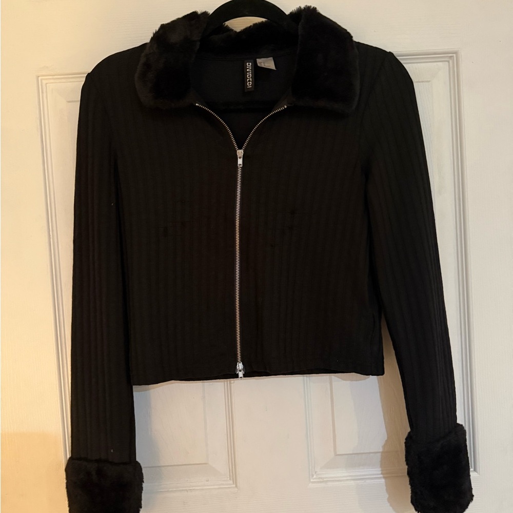 Divided Black Long Sleeve Top with Faux Fur Trim